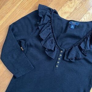 Chaps Y2K Style Black Ruffle Collar 3/4 Sleeve 100% Cotton Knit T-Shirt Blouse